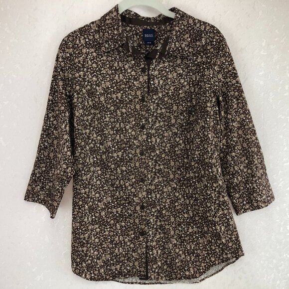 Basic Editions Brown Floral Long Sleeve Button Down Front Cotton Blend Blouse - Picture 1 of 13